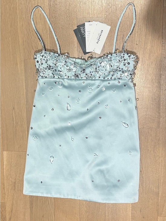 Retrofete Dresses & Skirts - RETROFÊTE Lorelei Dress - Mint Embellished Satin Mini Dress